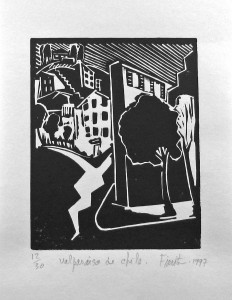 Valparaiso de Chile. 1997. Linogravure sur papier Canson. Image 4 x 5 po. (10 x 12,7 cm). Disponible/Available.