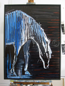 ''Cheval zébré bleu, 2011''. Huile sur toile. 36 x 48 po. (91 x 122 cm)