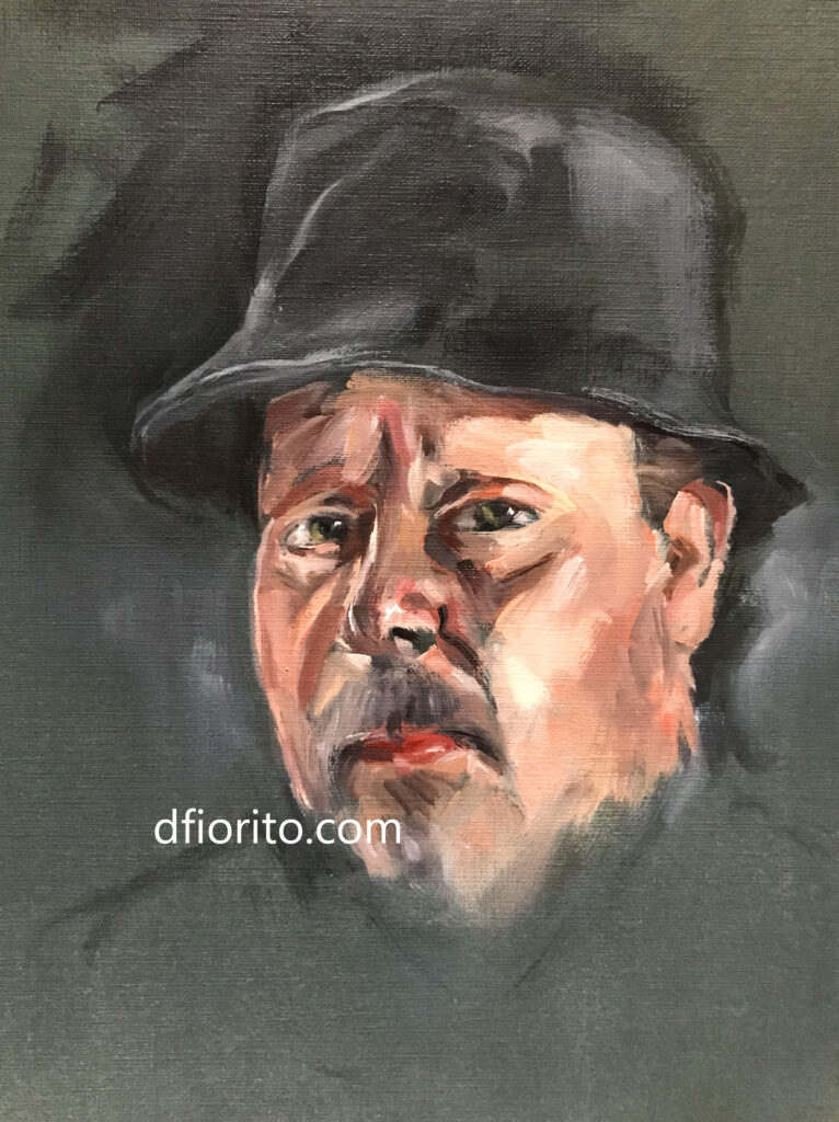 autoportrait au bucket 20-03-2026 huile sur papier toilé 9x12 po