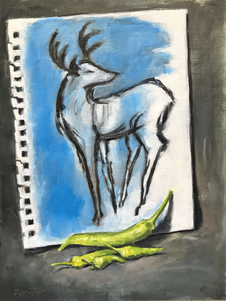 4 piments verts 15-07-2026 huile sur papier toilé 9x12po