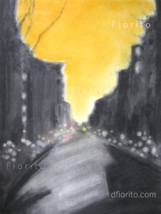 "La rue, 02 mai 2018". Fusain et pastel sec sur papier Canson 18 x 24 po. (45,7 x 60,9 cm).